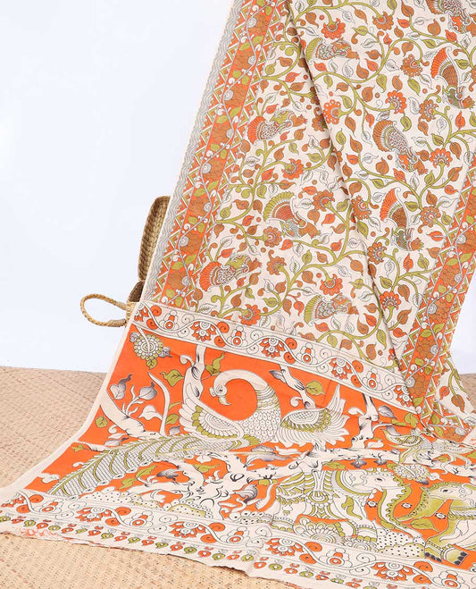 Cream floral vine & peacock machine-printed kalamkari cotton saree, floral printed border & animal motifs pallu