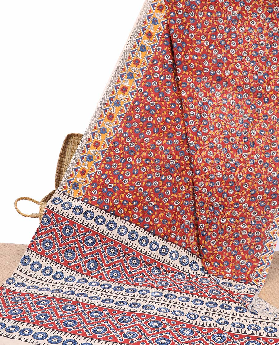Red floral machine-printed kalamkari cotton saree, contrast floral & chevron border & intricate pallu