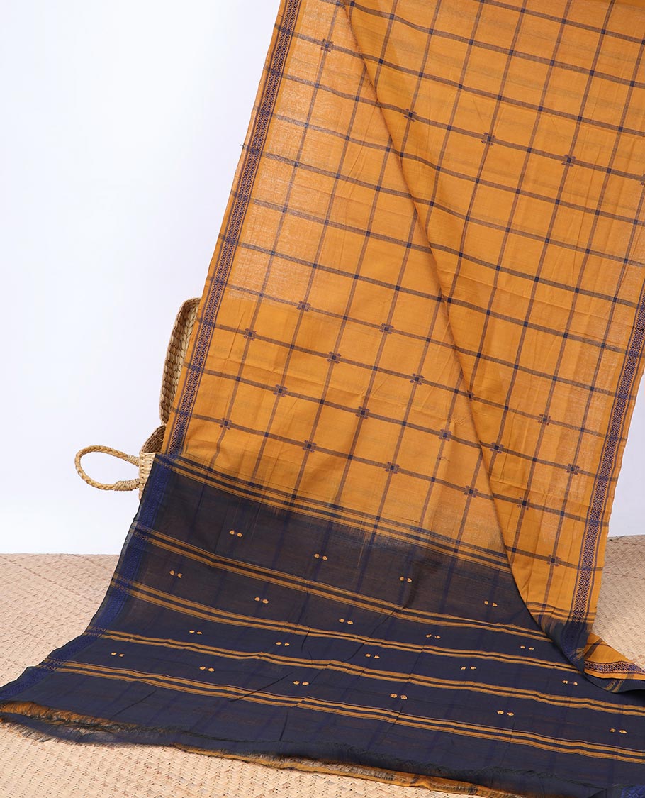 Mustard checked Andhra cotton saree, unique design border & contrast striped pallu 
