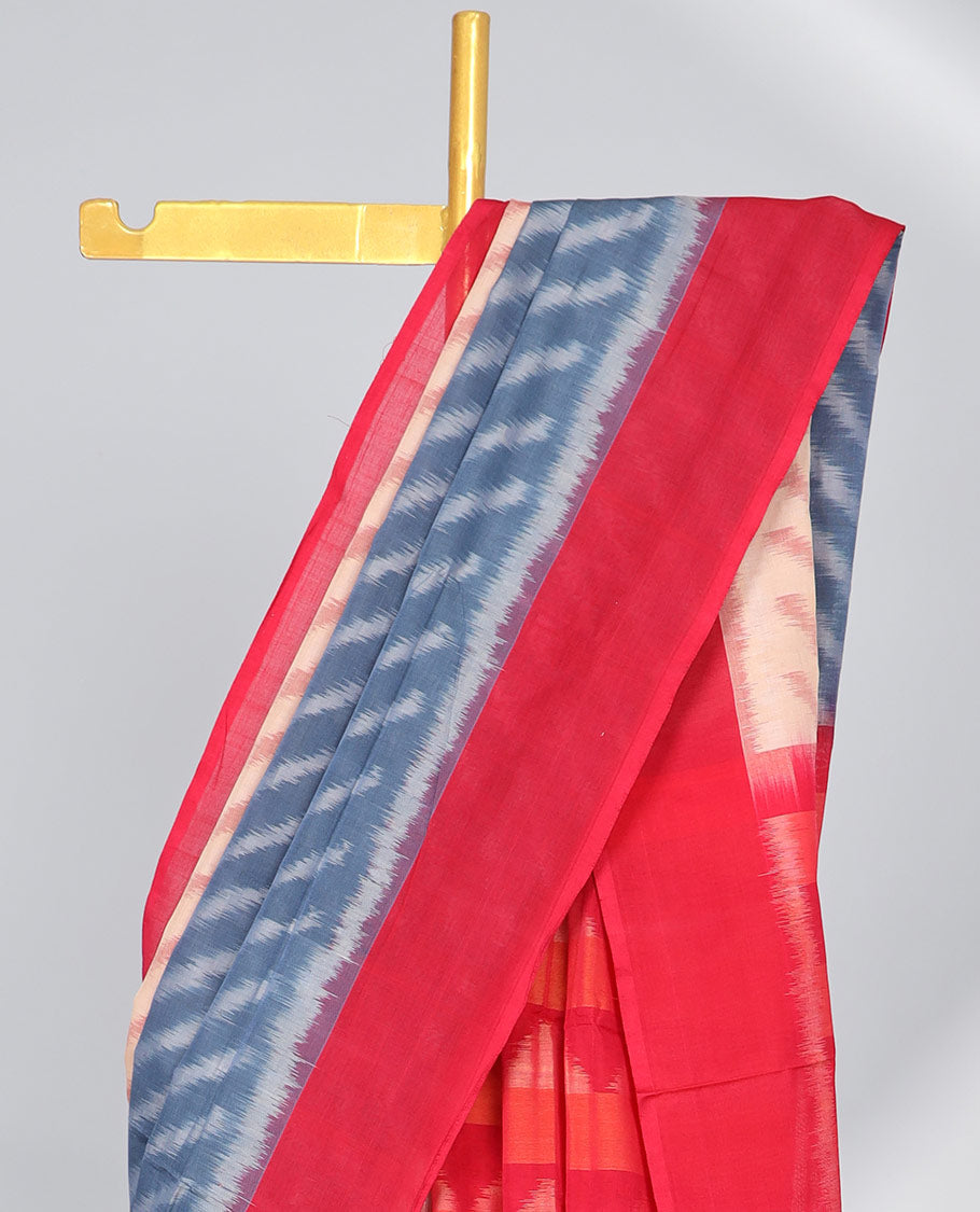 multi Colour and blue striped design ikkat cotton saree with contrast plain border & geometric design pallu