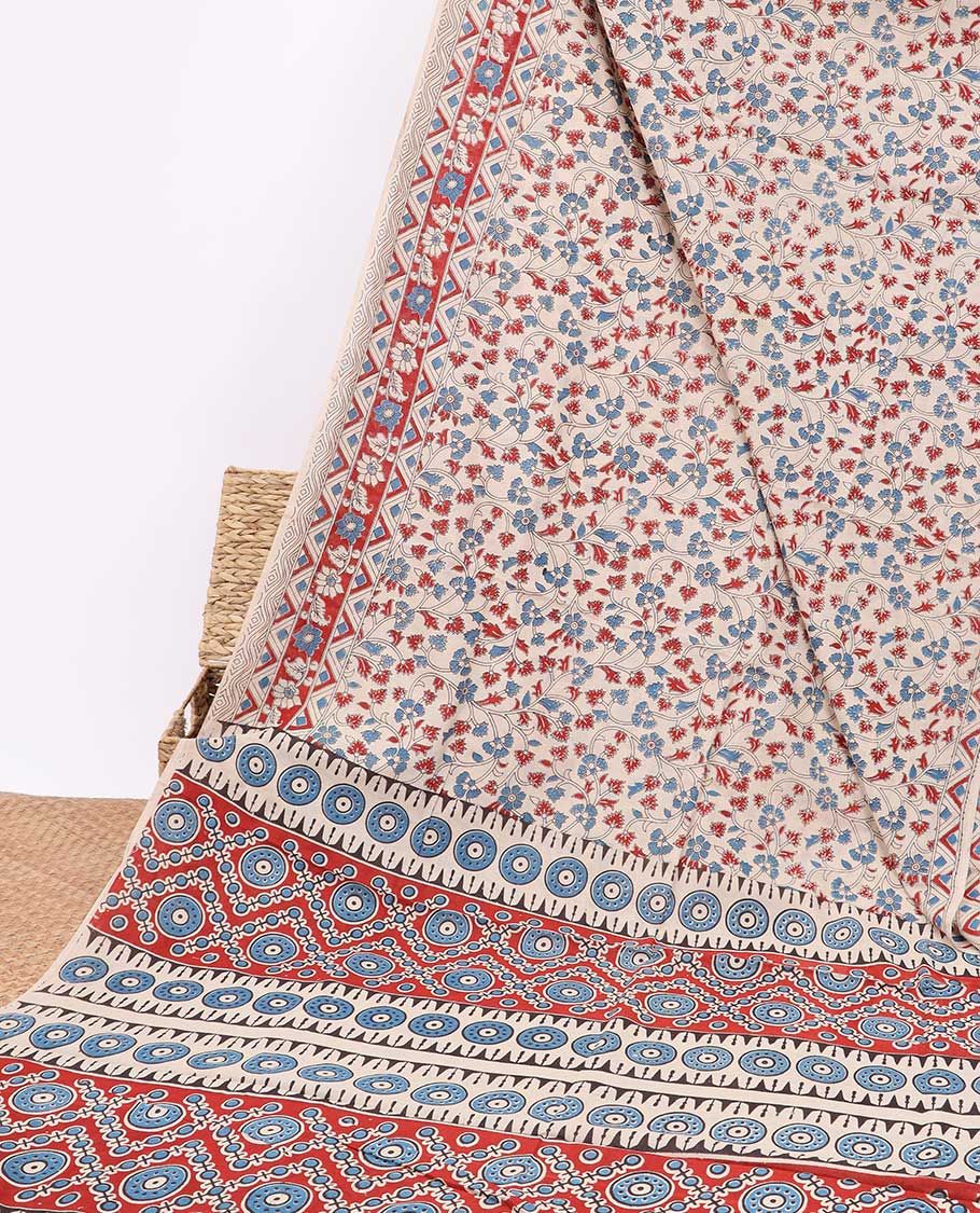 Cream floral vine design machine-printed kalamkari cotton saree with self-border & geometric design pallu