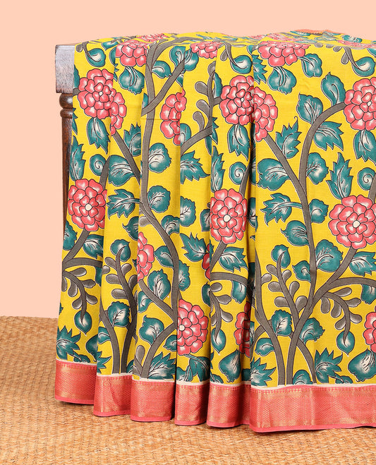 Yellow  floral vine design machine-printed kalamkari cotton saree with contrast zari design border & animal motif pallu