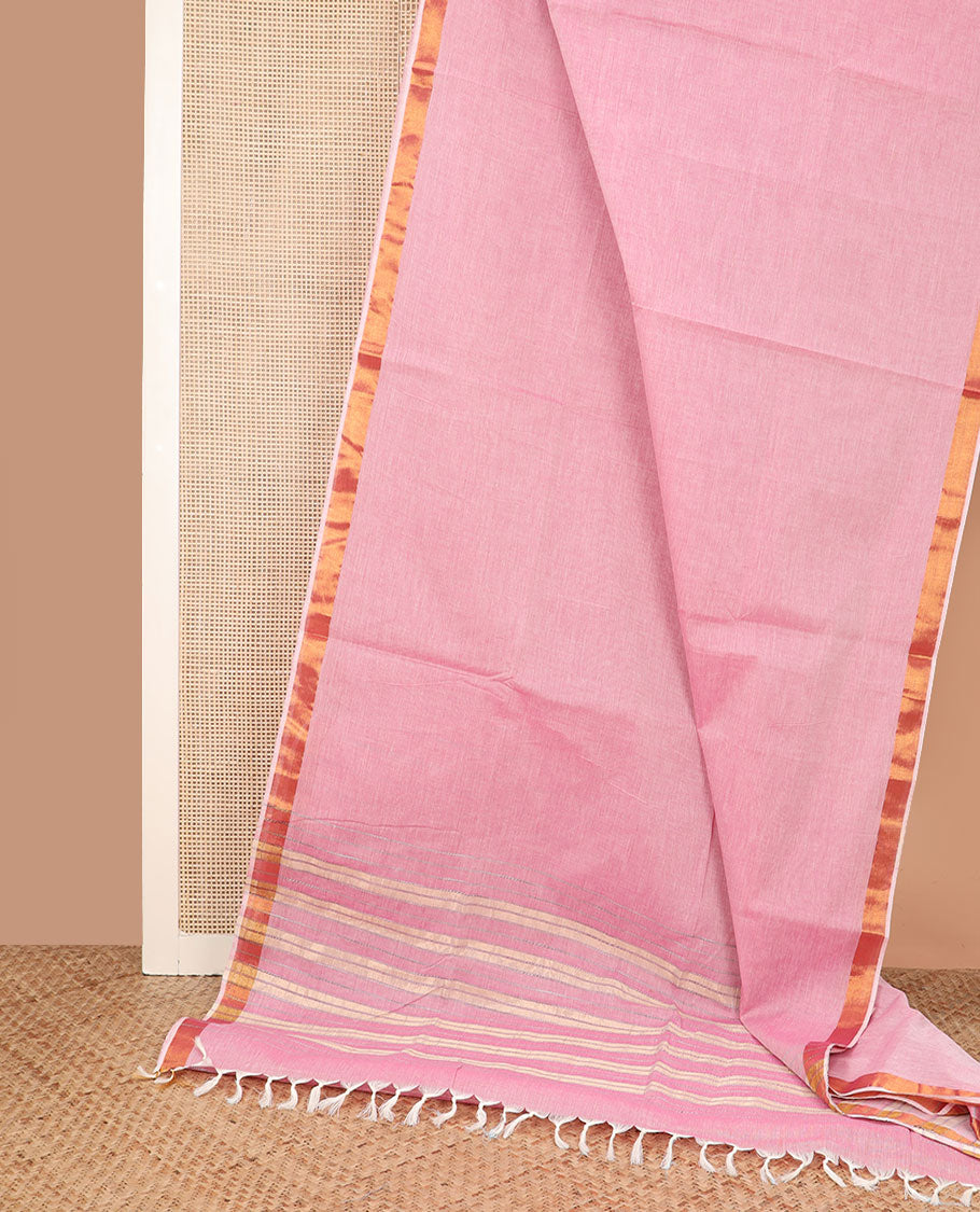 Green plain jute cotton saree, zari border, and striped pallu