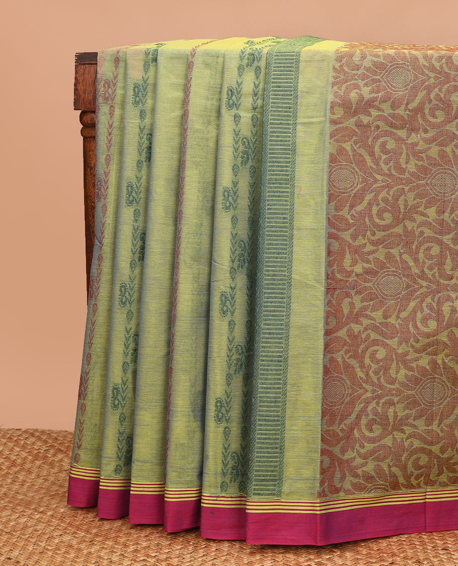 Green thread buttas Kanchi cotton saree, contrast border and pallu of floral designs