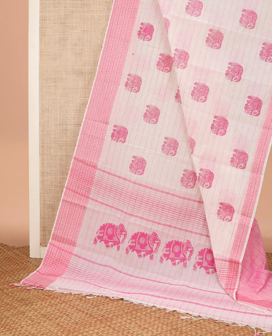 Cream striped and elephant buttas Chirala cotton saree, traditional border, and pallu of striped and elephant motifs