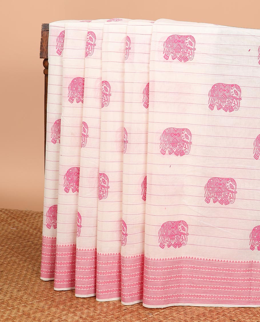 Cream striped and elephant buttas Chirala cotton saree, traditional border, and pallu of striped and elephant motifs