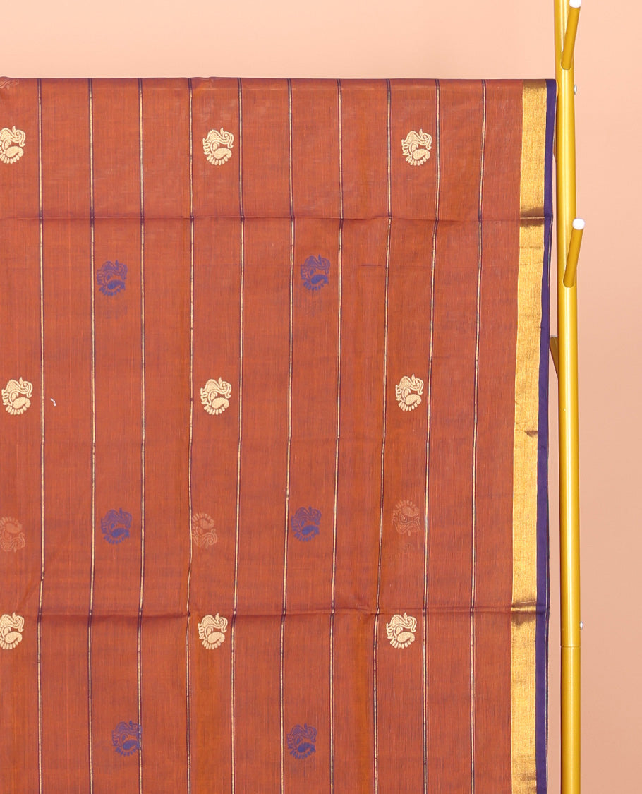 Orange Venkatagiri Cotton Saree Features Peacock Buttas and Stripes, a Contrast Peacock Zari Border, Pallu of Buttas and Stripes, and No Blouse
