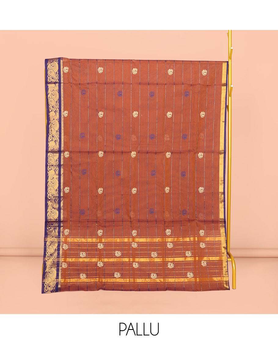 Orange Venkatagiri Cotton Saree Features Peacock Buttas and Stripes, a Contrast Peacock Zari Border, Pallu of Buttas and Stripes, and No Blouse