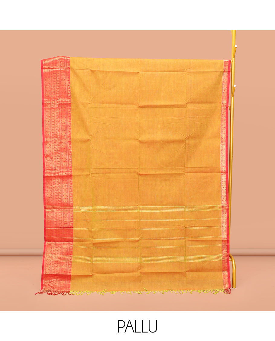 Yellow Plain Chettinad Cotton Saree, Complemented by a Contrast Traditional Zari Design Woven Temple Border, Pallu of Stripes, and Paired with a Matching Blouse