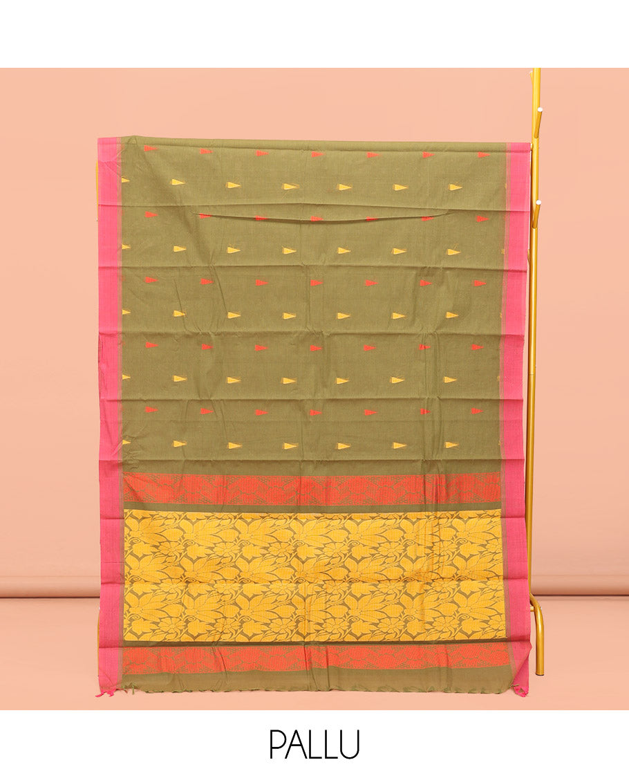 Green Kanchi Cotton Saree, Enriched with Temple Buttas All Over Its Body, Complemented by Contrast Border, Floral Design Pallu, and Paired with a Matching Blouse