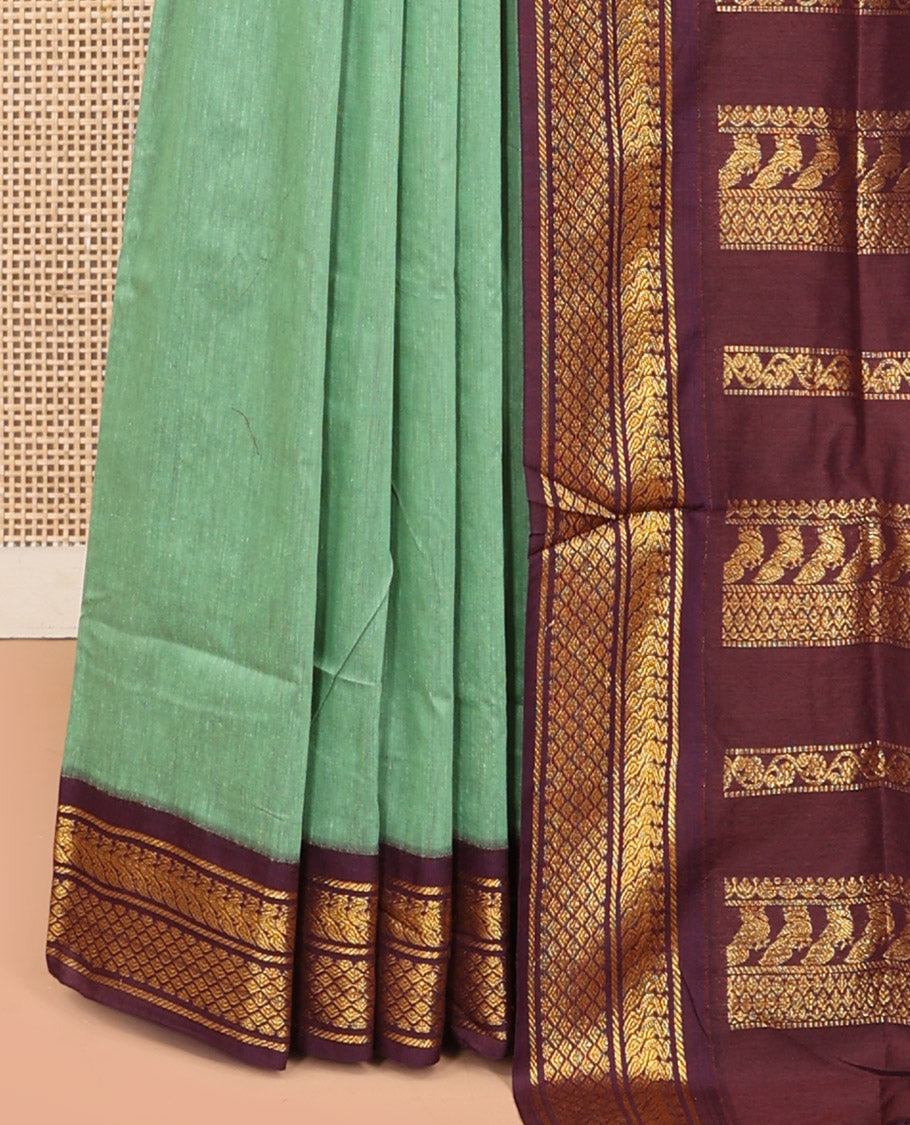 Green Kalyani Cotton Saree, Woven with Thread Buttas, Complemented by a Contrast Traditional Border, Traditional Pallu, and a Contrast Blouse
