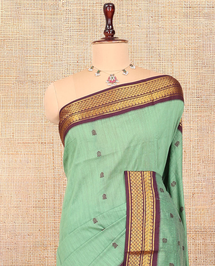 Green Kalyani Cotton Saree, Woven with Thread Buttas, Complemented by a Contrast Traditional Border, Traditional Pallu, and a Contrast Blouse