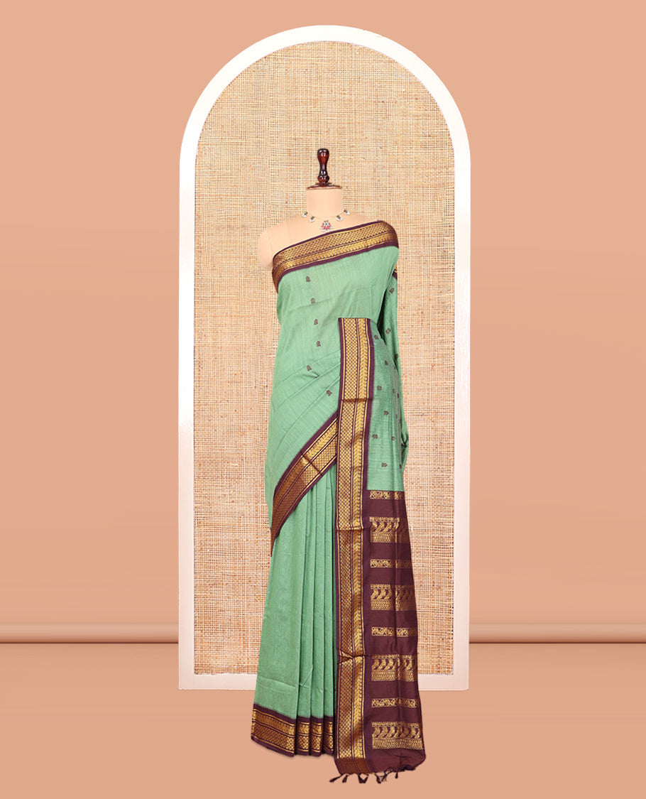 Green Kalyani Cotton Saree, Woven with Thread Buttas, Complemented by a Contrast Traditional Border, Traditional Pallu, and a Contrast Blouse