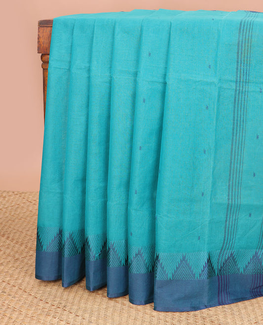 Sea blue motifs bengal cotton saree with contrast temple border & striped, floral motifs pallu