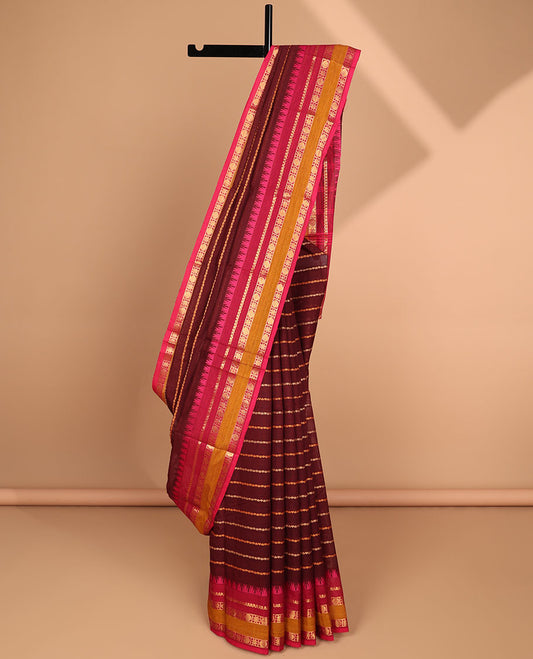 Maroon striped design Chettinad cotton saree with contrast traditional design border & striped pallu
