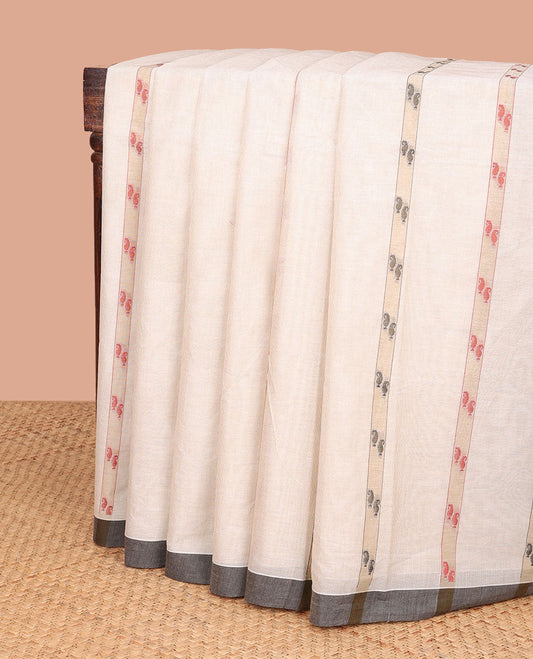 Cream striped, floral design coimabtore cotton saree with contrast striped border & floral design pallu