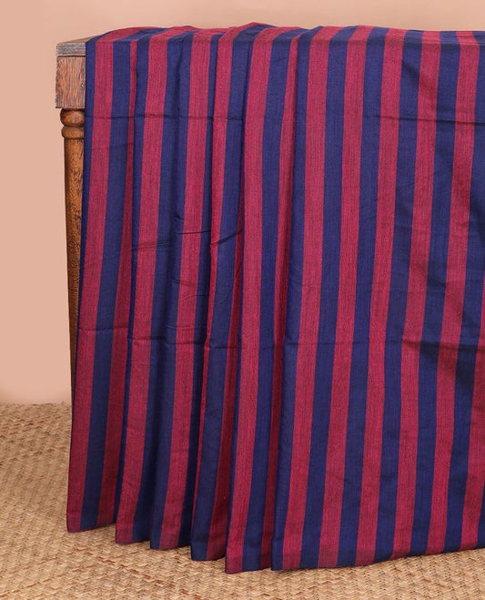 Borderless navy blue & red color striped Kadhi cotton saree, plain design pallu