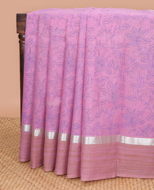 Light pink floral vine design chirala cotton saree with contrast zari border & striped pallu