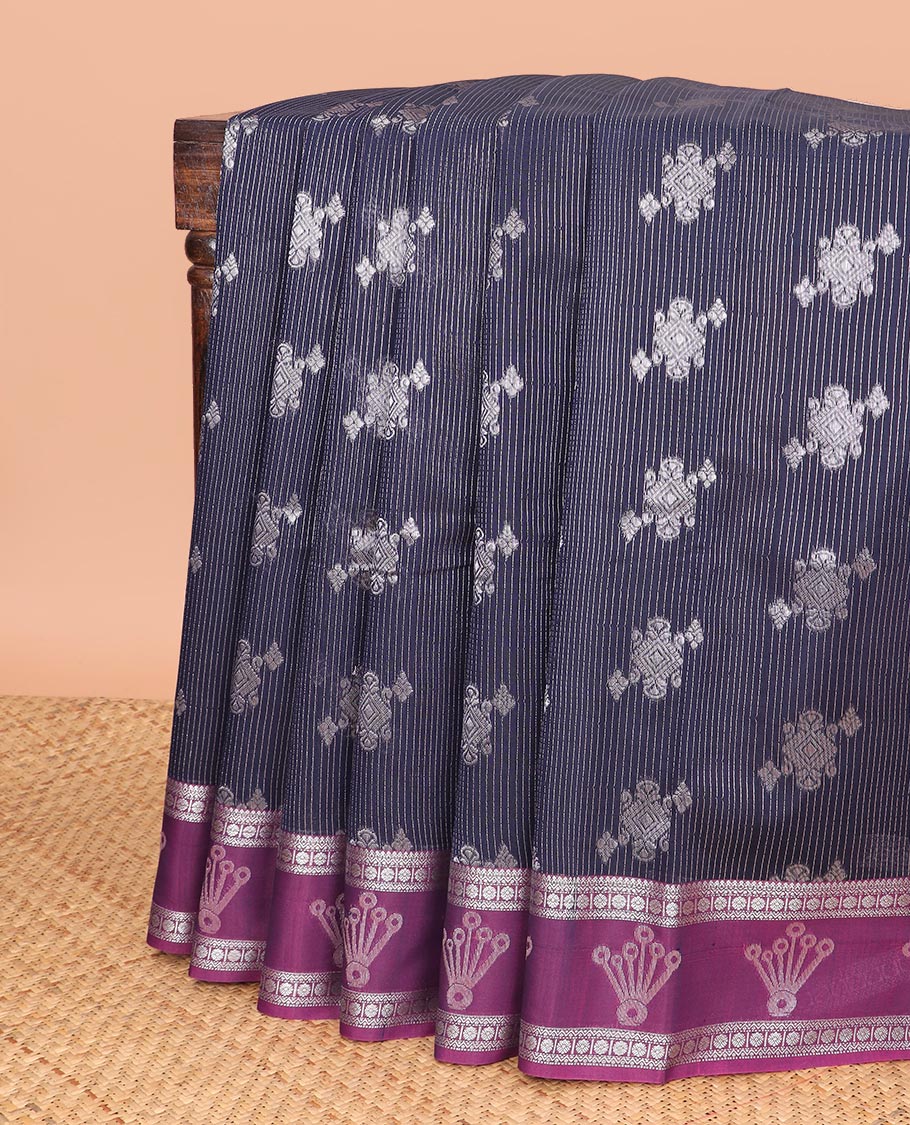 Dark blue striped, floral motifs semisilk cotton saree with contrast floral design border & chevron design pallu