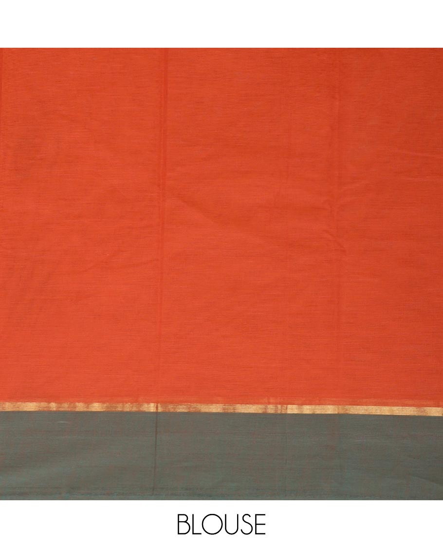 Orange floral motifs kanchi cotton saree with contrast zari border & floral design pallu