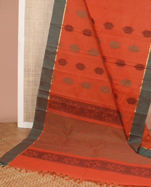 Orange floral motifs kanchi cotton saree with contrast zari border & floral design pallu