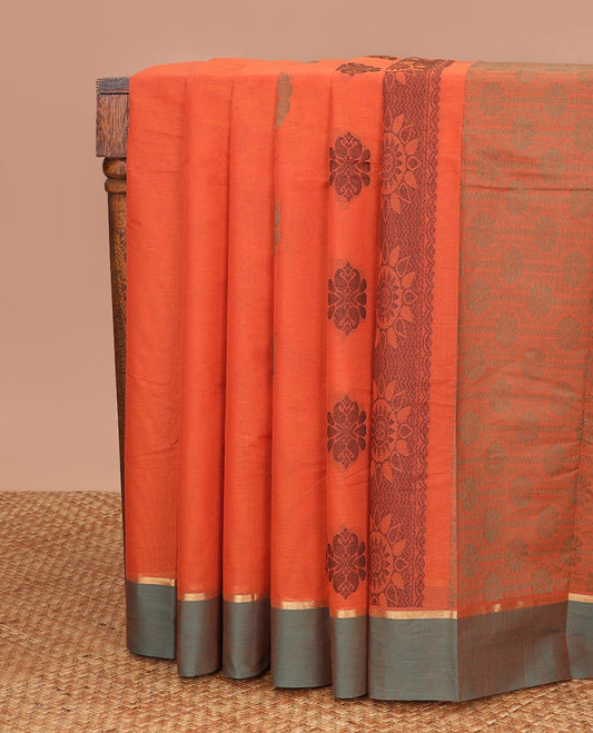 Orange floral motifs kanchi cotton saree with contrast zari border & floral design pallu