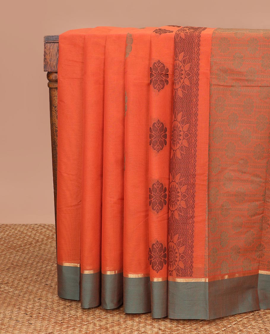Orange floral motifs kanchi cotton saree with contrast zari border & floral design pallu