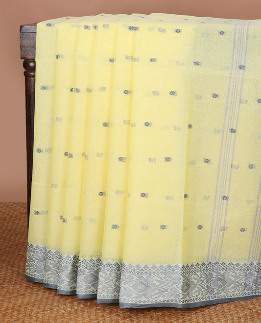 Lemon yellow motifs bengal cotton saree with contrast floral design border & striped, floral motifs pallu
