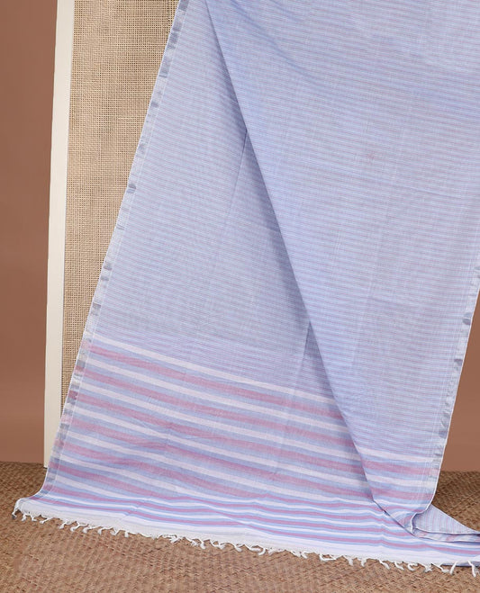 Pale blue vertically striped jute cotton saree, zari border and striped pallu