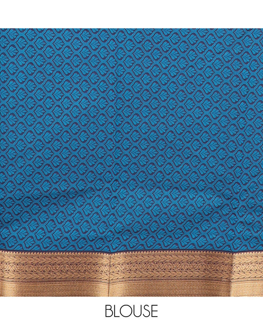 Blue striped semi-silk cotton saree, contrast traditional zari design border & ogee patterned pallu