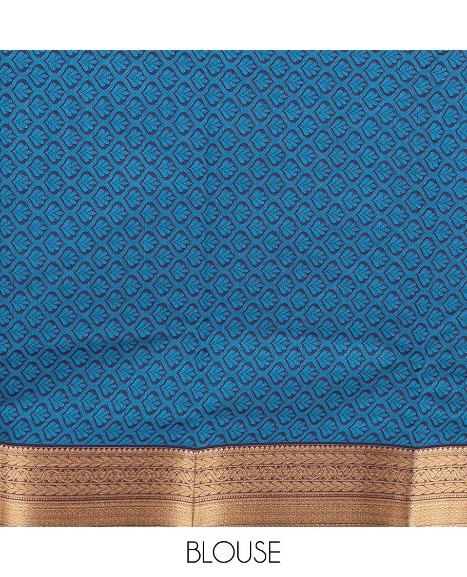 Blue striped semi-silk cotton saree, contrast traditional zari design border & ogee patterned pallu