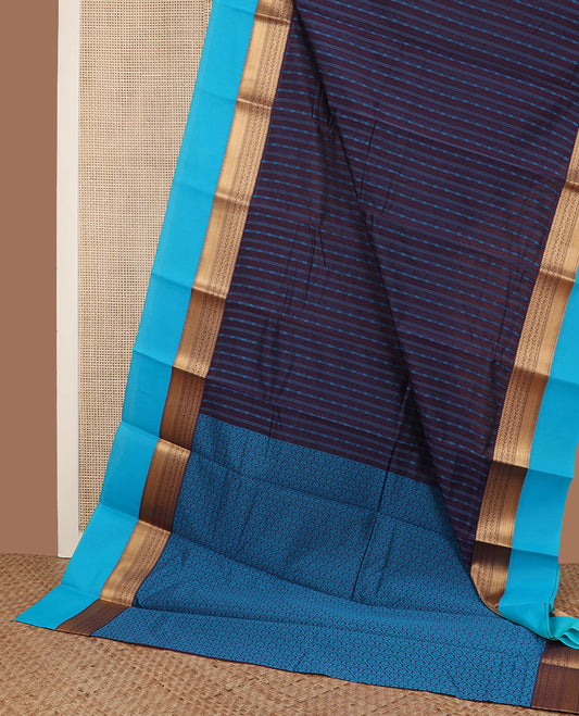Blue striped semi-silk cotton saree, contrast traditional zari design border & ogee patterned pallu
