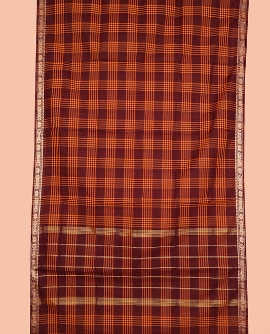 Maroon and orange checked nine-yard cotton saree, traditional motifs border, and striped pallu