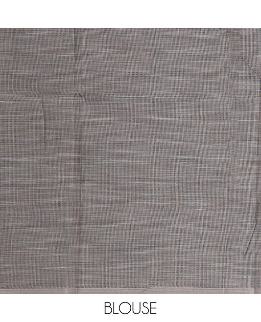 Beige square buttas woven cotton saree, contrast plain border and pallu features a pink flower with stem motifs