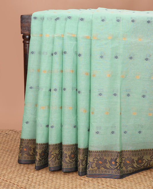 Pista green thread buttas Bengal cotton saree,  contrast meena floral creeper border, and striped pallu