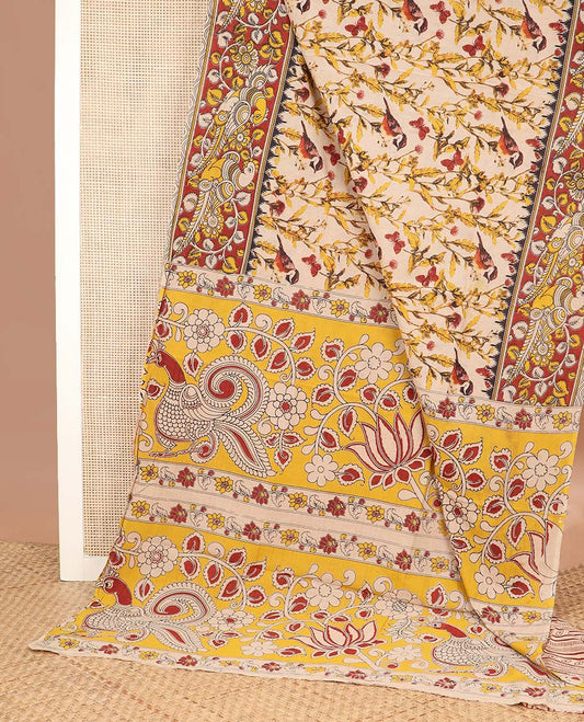 Cream floral, and sparrow machine printed kalamkari cotton saree, contrast floral-peacock border, and pallu of peacocks print