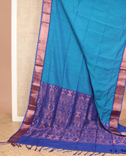 Blue micro checked chirala cotton saree, contrast traditional zari border, and zari design pallu