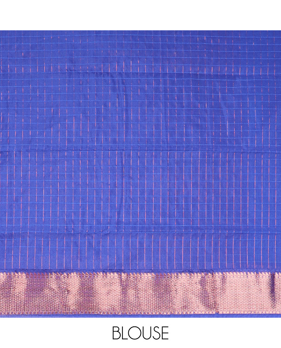 Blue micro checked chirala cotton saree, contrast traditional zari border, and zari design pallu
