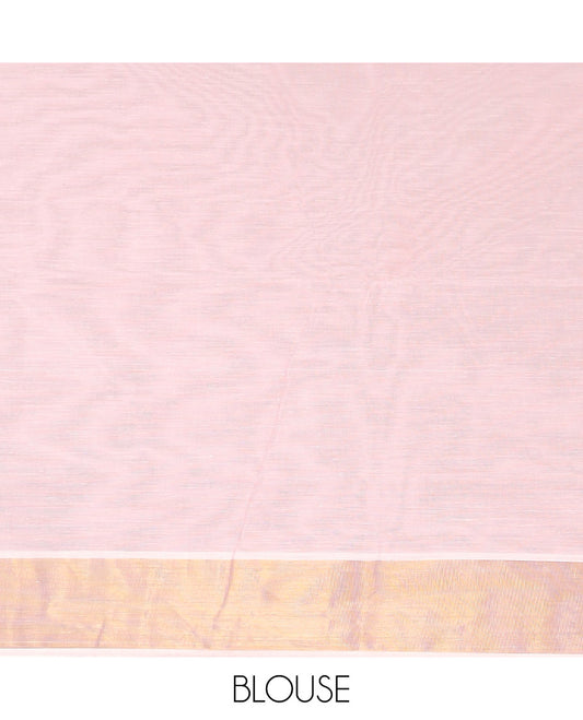 Pastel pink striped jute cotton saree, striped border, and striped pallu
