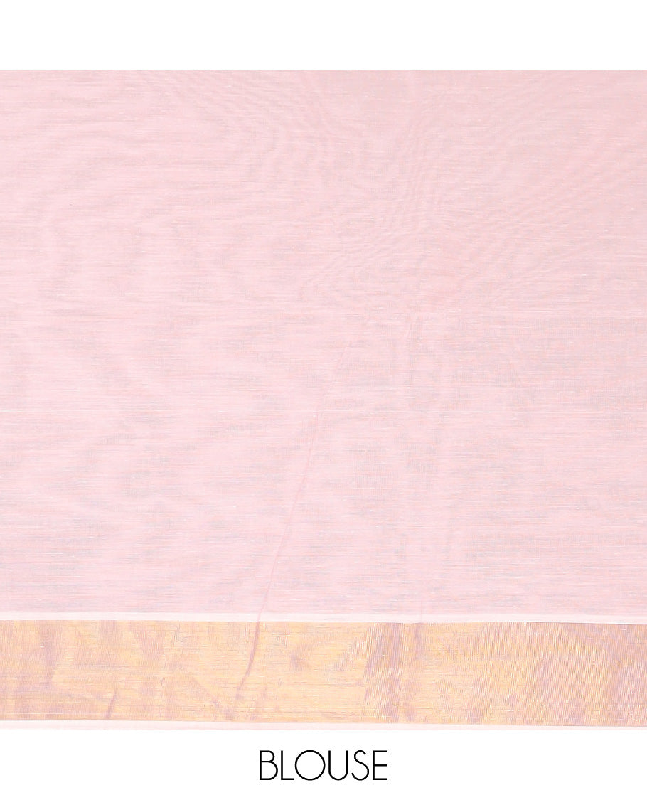 Pastel pink striped jute cotton saree, striped border, and striped pallu