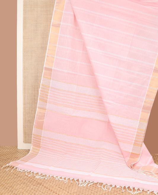 Pastel pink striped jute cotton saree, striped border, and striped pallu