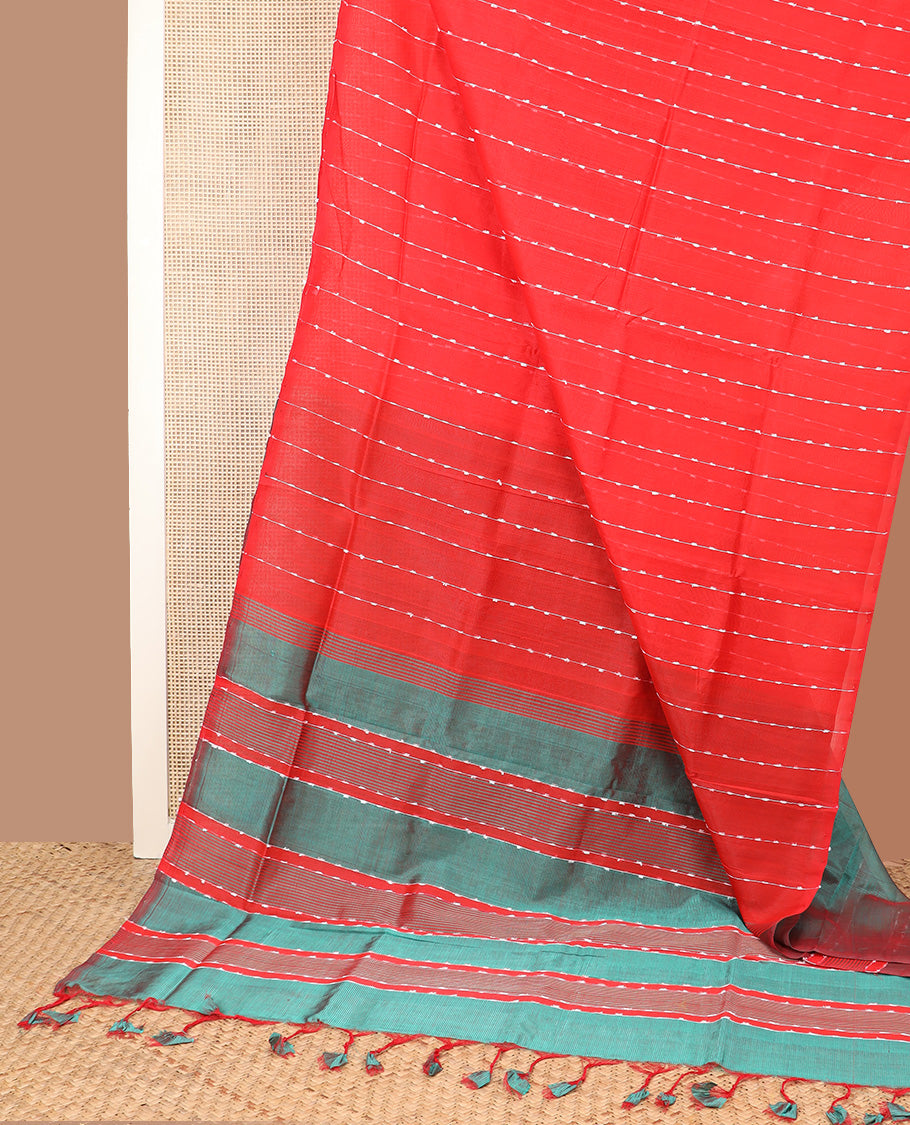Borderless red thread stripes Mangalagiri Cotton saree, contrast striped pallu
