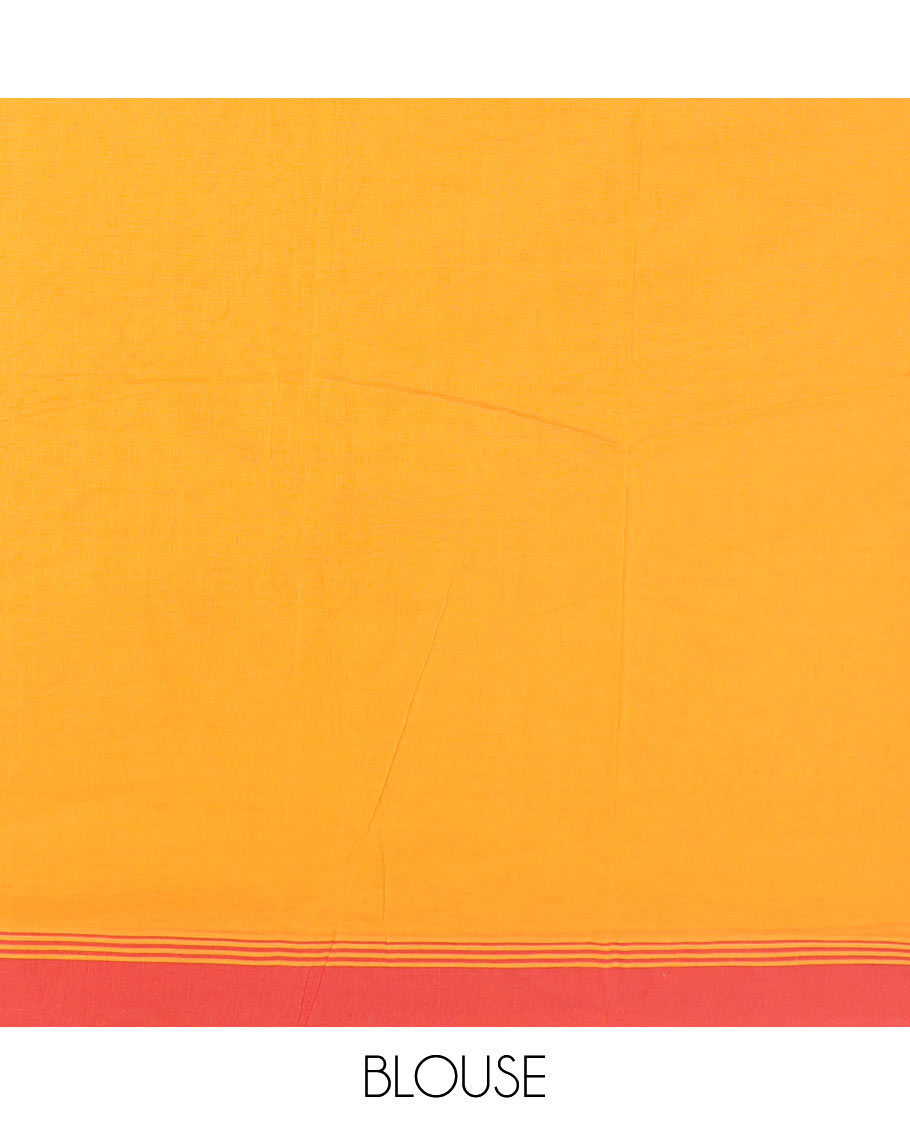 Orange floral buttas kanchi cotton saree, contrast plain border, and jaal pallu