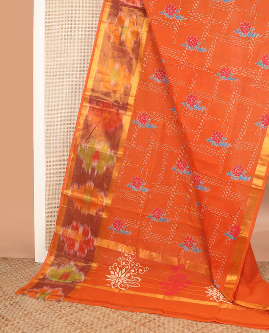 Orange floral and checks printed Andhra cotton saree, ikkat zari border, and pallu of floral designs