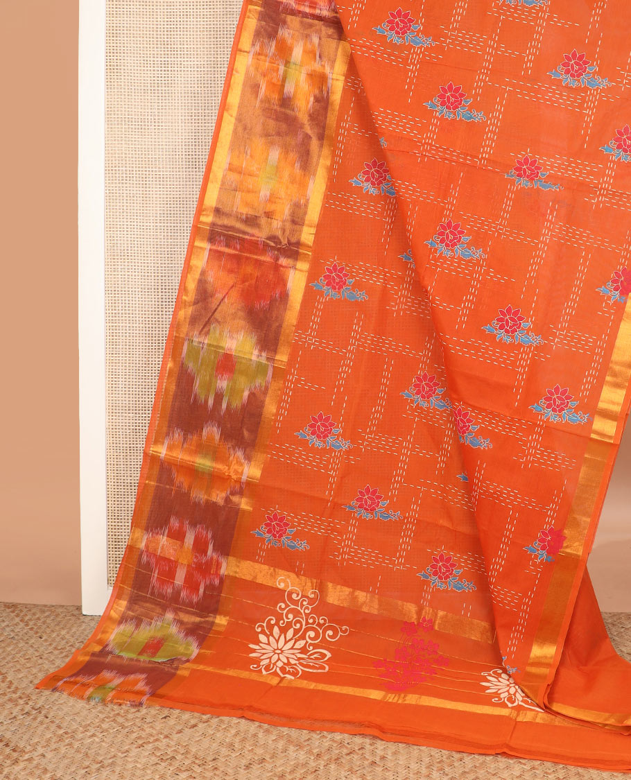 Orange floral and checks printed Andhra cotton saree, ikkat zari border, and pallu of floral designs