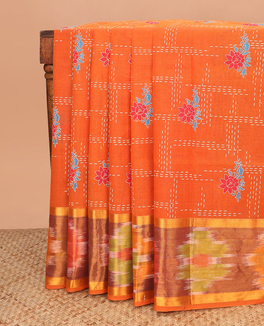 Orange floral and checks printed Andhra cotton saree, ikkat zari border, and pallu of floral designs