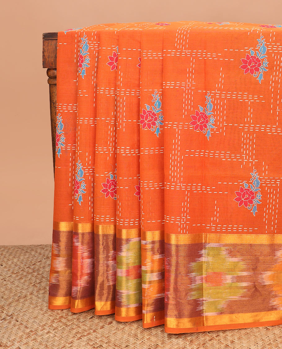 Orange floral and checks printed Andhra cotton saree, ikkat zari border, and pallu of floral designs