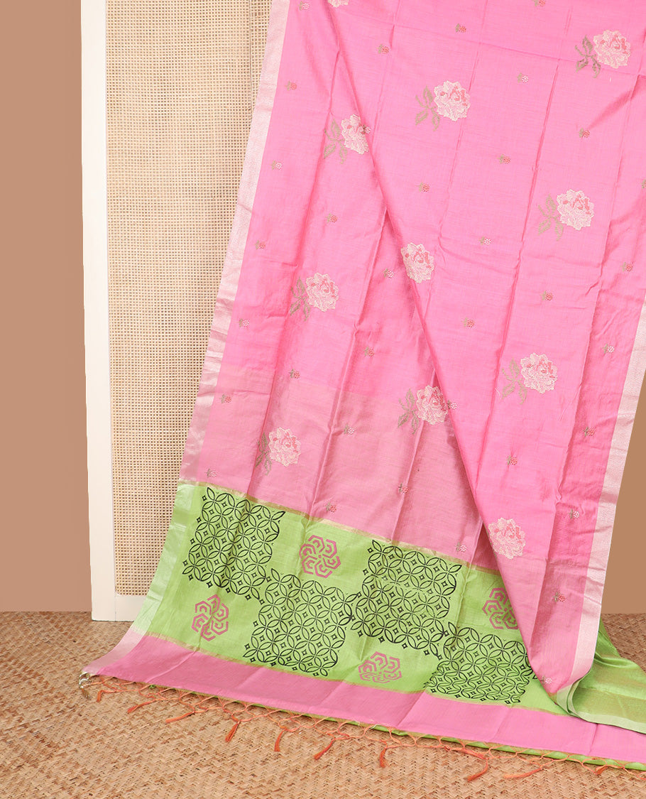 Pink floral embroidered chirala cotton saree, plain border, and contrast block printed pallu