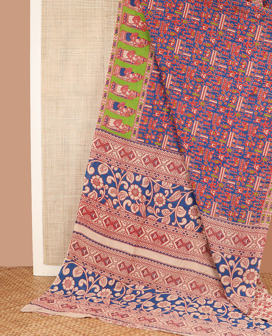 Blue flora, fauna, geometric and human motifs machine-printed cotton saree, contrast human motifs printed border, and pallu of floral-geometric print