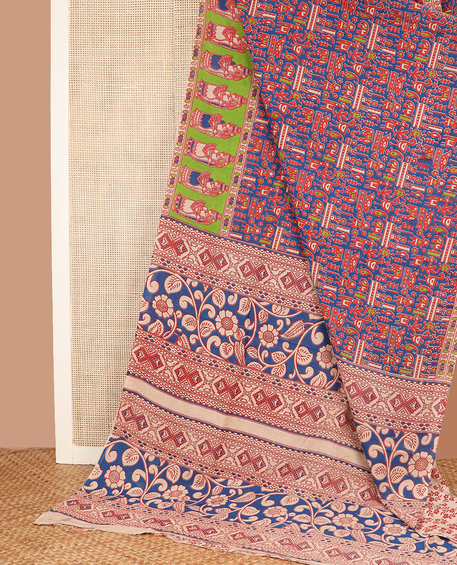 Blue flora, fauna, geometric and human motifs machine-printed cotton saree, contrast human motifs printed border, and pallu of floral-geometric print